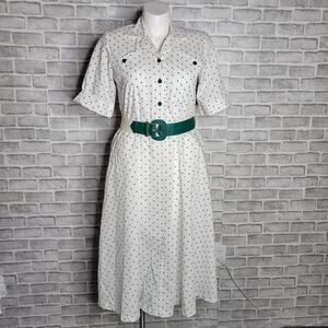 80s White & Teal Polka Dot Shirt Dress, size 10